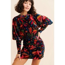 Farm Rio Banana Sky Velvet Tropical Floral Puff Sleeve Tiered Mini Dress Size S