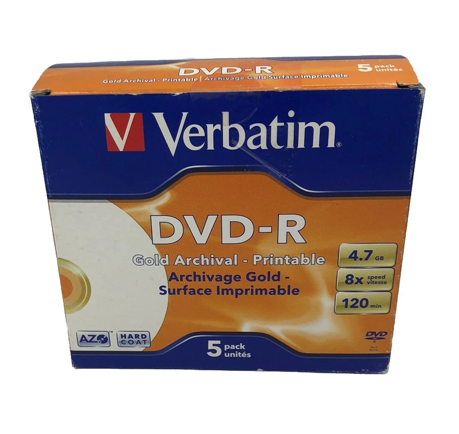 Verbatim DVD-R 4.7GB 16xJewel Case 5 Pack 95070 New Open Box Surface Imprimable