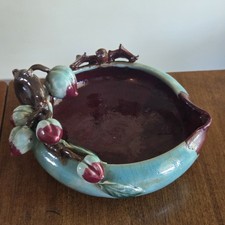 Antique Majolica Washer Bowl Planter Fruit Bat Turquoise, Blood Red Glaze / Read