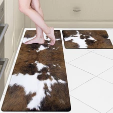 Kitchen Rugs Set Western Cowhide Black Brown Anti Fatigue Mats 2 PCS