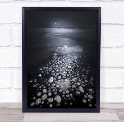 Lake Frost Frozen Ice Cold Bubbles Black & White Moon Dark Low Key Print