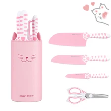 5PCS Kitchen Knife Set with Block Cute Cat Stainless Steel Knives Set Scissors
