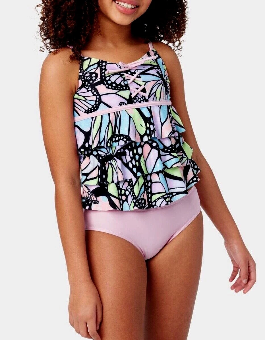 JUSTICE Girls Swimsuit Tankini Bikini Ruffle Swim PLUS SIZE 10 12 14 16 18  L XL