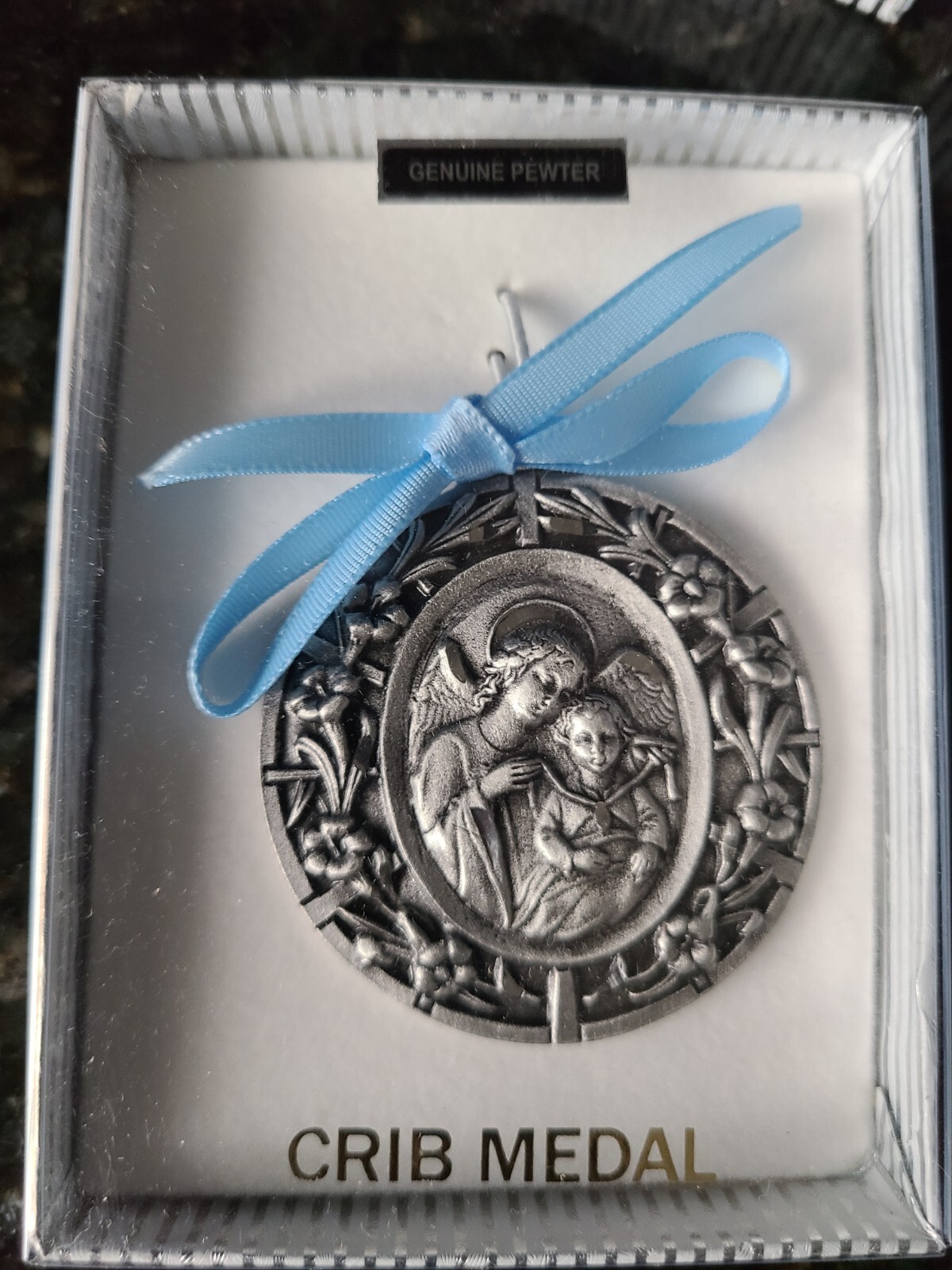MEDAL PEWTER crib baby ANGEL baptism christening gift pink, blue, or white NEW