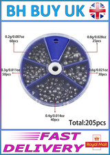 205 x LEAD FISHING WEIGHTS IN BOX, HOOKS, SEA, BAIT, POND, LINE SINKERS