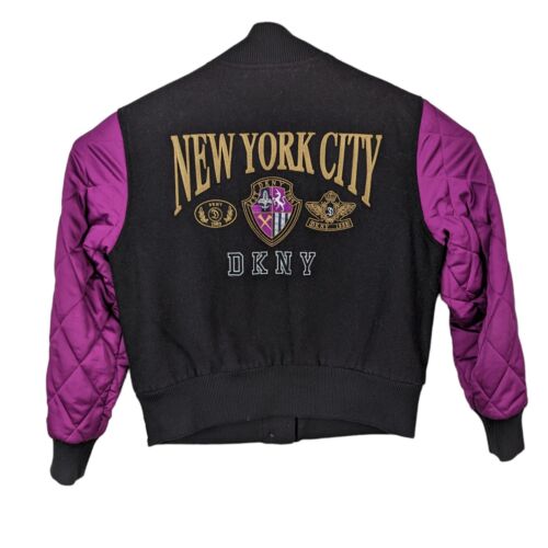 DKNY NYC Embroidered Wool Blend Quilted Purple Black Bomber Jacket Women's Sz M - Picture 1 of 12