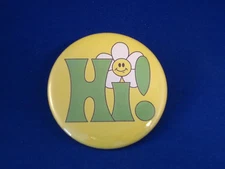 HI!  SMILEY FACE FLOWER  BUTTON  pin pinback 2 1/4" badge NEW! large punk HAPPY