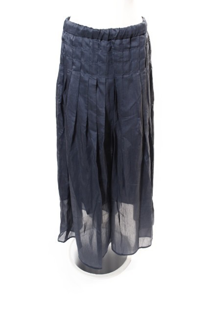 Elin Navy Organza Pleated Maxi Skirt with Ribbon in Size 36 for Women