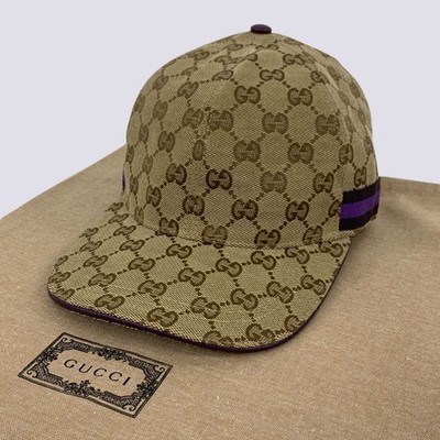 Gucci GG Monogram Purple Web Stripe Beige Baseball Cap Hat Size M