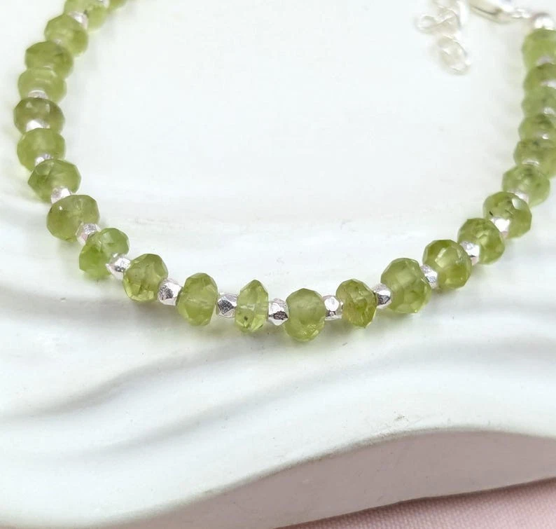 3-4MM Peridot & Silver Pyrite Faceted 2 Multi Gemstone Beads Women Bracelet 6-8" - Image 2 of 4
