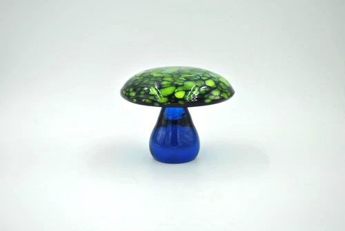 Vintage Blenko Glass Mushroom Paperweight - #7020L - Blue & Yellow