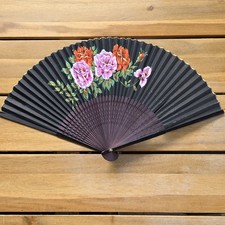 Black Floral Hand Fan Victorian Style Wood Paper Decorative Approx. 12"
