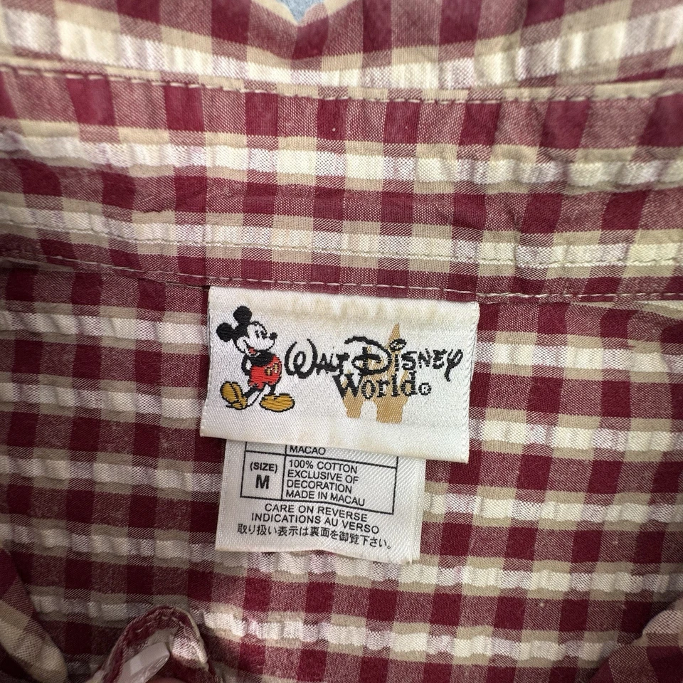 Vtg 90s Y2K Walt Disney World Mickey Mouse Seersucker Plaid Button Up Shirt Sz M - Image 3 of 4