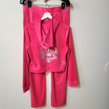 NWT 199 Juicy Couture Size L Velour Bling Tracksuit 2 Pcs Set In Pink Party