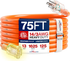 75Ft Outdoor/Indoor Extension Cord 14/3 Gauge Heavy Duty 3 Prong SJTW, Waterproo