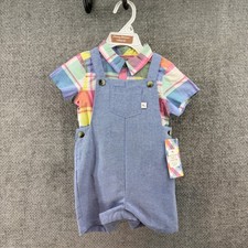 Tommy Bahama Kids 3 Piece Set Plaid Shirt Chambray Overalls and Hat Blue 9M New