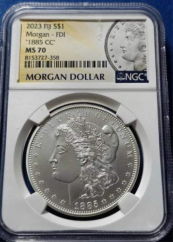 1885 CC Morgan Silver Dollar NGC MS70 First Day Morgan Label 2023 Fiji Mint .999