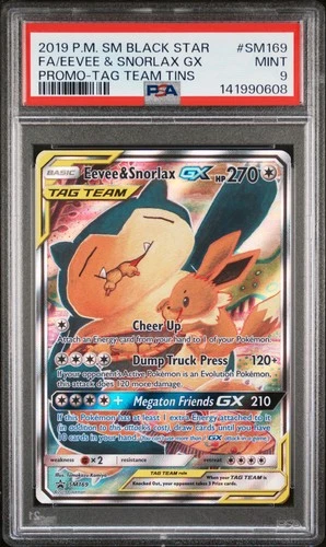 2019 POKEMON SM BLACK STAR PROMO TAG TEAM TINS FULL ART/EEVEE & SNORLAX GX PSA 9