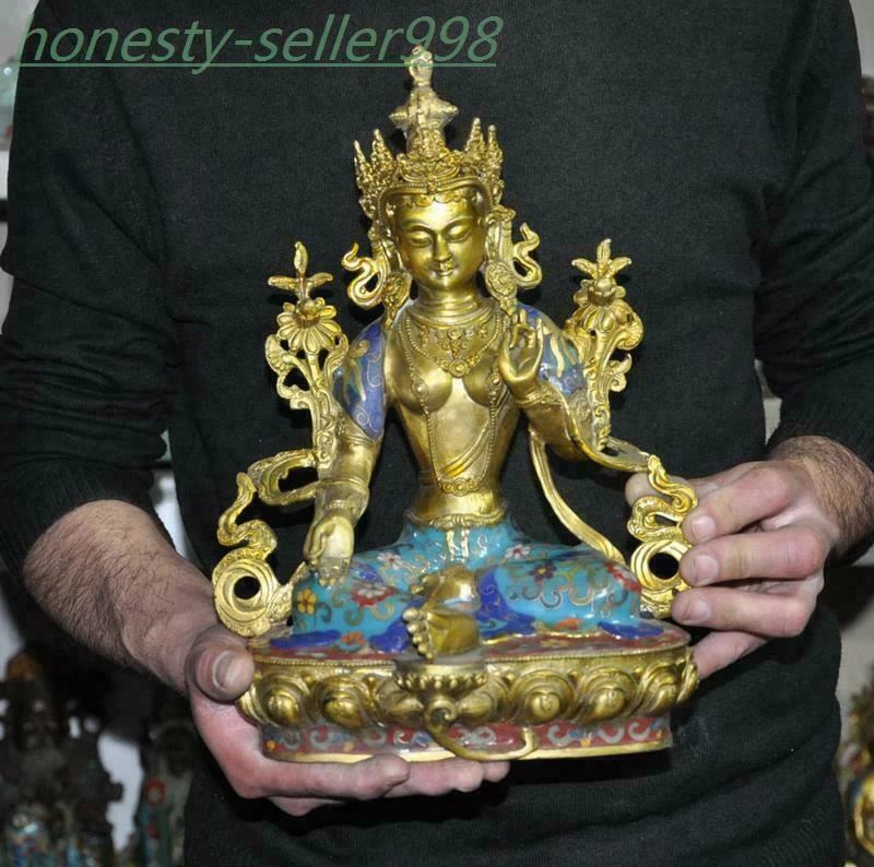 11.6"Tibet temple bronze Gilt Cloisonne green Tara KwanYin GuanYin Buddha statue - Image 4 of 4