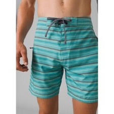 prAna Fenton Size 32 Men's Trunks Boardshort Swim Shorts 7"L Aqua Beach Stripe