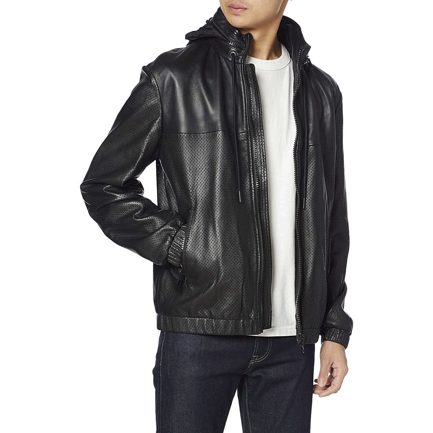 Diesel A02282-0KBAS-9XX L-Name Men's perforated Leather Jacket with secret  hood