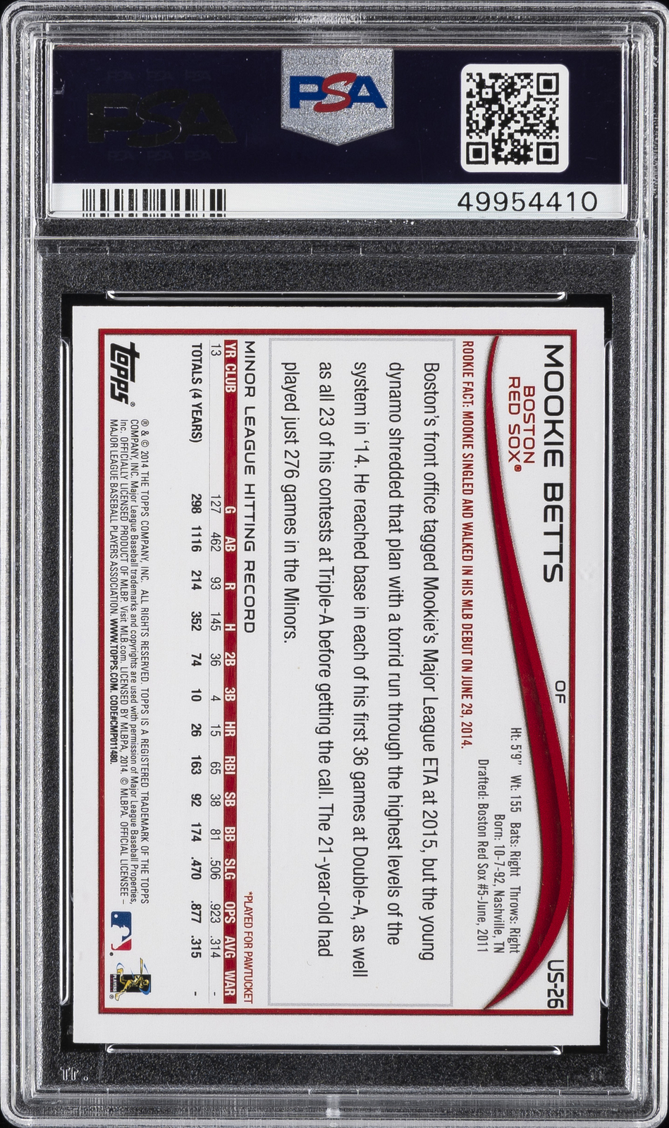 2014 TOPPS UPDATE BATTING-RED HOT FOIL #US26 MOOKIE BETTS ROOKIE RC PSA 9 view 2