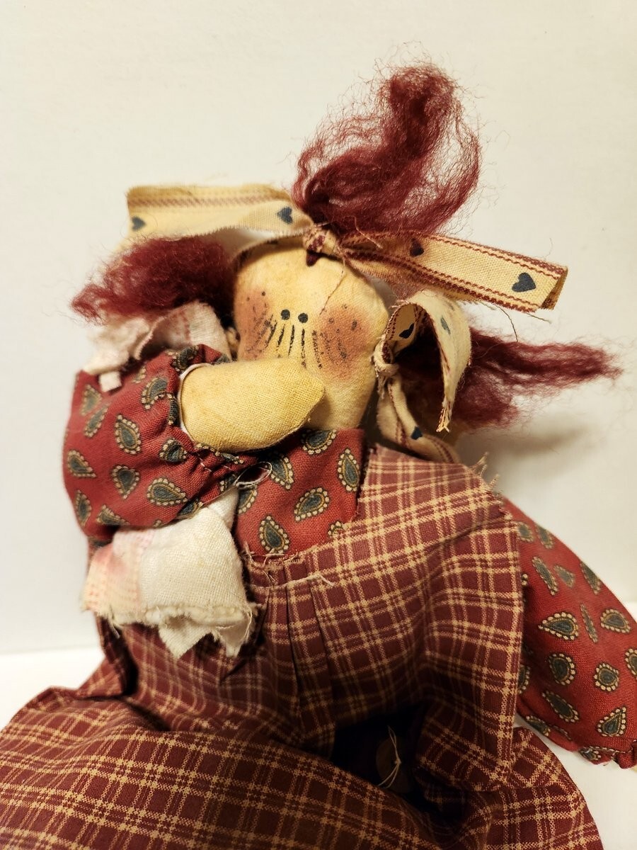 Handmade Rag Doll, Signed, Red Hair & clothes, Sucking Thumb and Holding Blankie