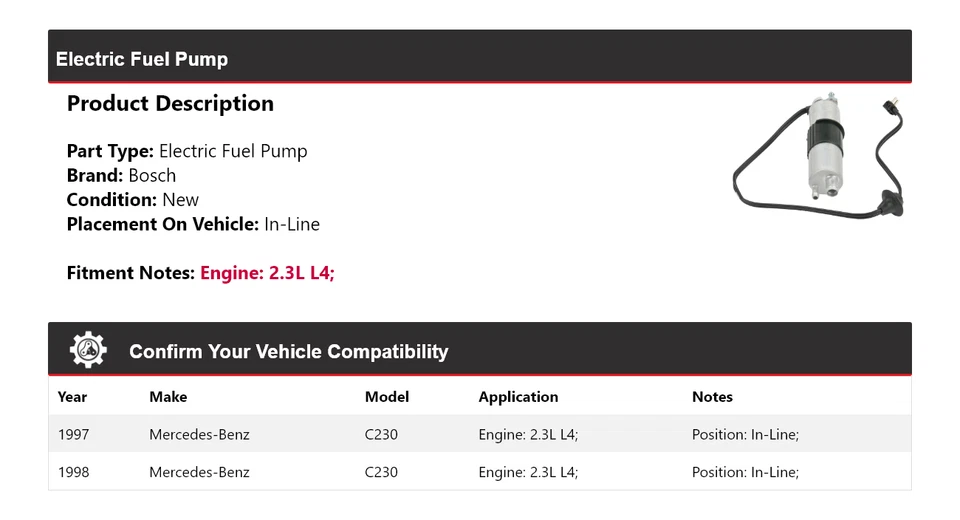 For 1997-1998 Mercedes C230 2.3L L4 Bosch Electric Fuel Pump In-Line Foto 2 de 4