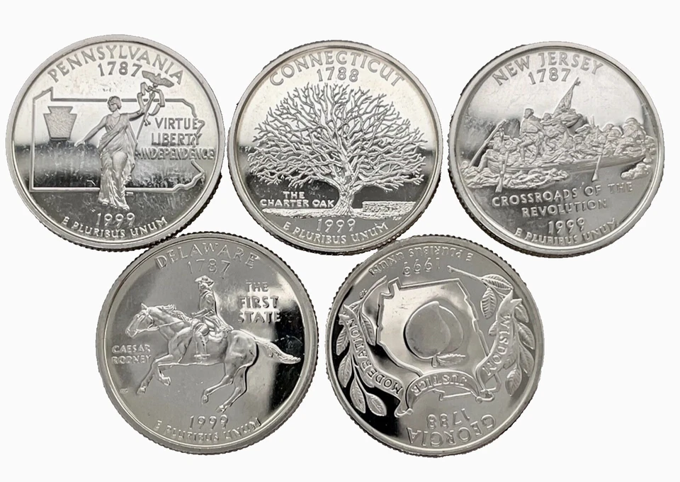 1999 S 5 Coin Year Set 50 States US Quarter 25c Gem Deep Cameo Proof 90% Silver - Image 2 of 4