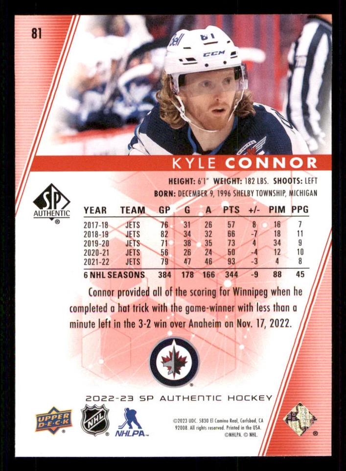 2022-23 SP Authentic Limited Red #81 Kyle Connor - Image 2 of 2