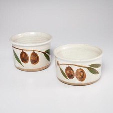 Pair (2) Hand Painted & Glazed Studio Pottery Olive Bowls, Artist Signed, 9.25"