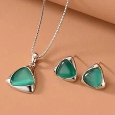 Women Necklace Dangle Earrings Sets Green Gemstone Pendant Jewelry Silver Chain