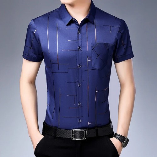 Camisa de trabajo de negocios elástica de secado rápido de seda helada antiarrugas para hombre manga corta - Imagen 15 de 29