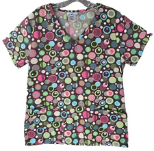 SB Scrubs Circles Scrub Top Womens S Brown Shirt Bright Multicolor Print V-Neck