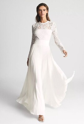 REISS HAZEL LACE TOP PLEATED MAXI DRESS in White UK Size