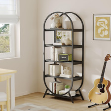 Industrial 5-Tier Arched Bookshelf, 72" Tall Metal Frame Display Rack, Black