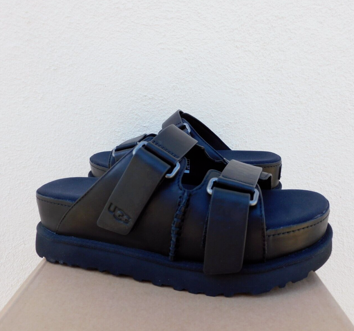 UGG BLACK LEATHER GOLDENSTAR HI PLATFORM SLIDE SANDALS