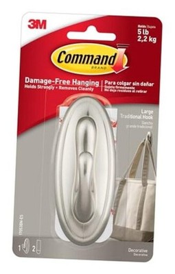 Command 5 lb Large Brushed Nickel Color Hook Hook and 2 Command Strips, 1