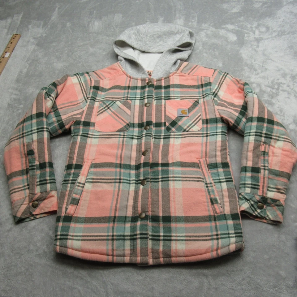 Camisa Chaqueta Carhartt Franela Niñas Rosa Mediana 10-12 Capucha Cuadros Gruesa Sherpa Foto 2 de 4
