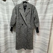 VTG Wool  Bland Tweed Double Breasted Pea Coat Black Long White USA Size XL