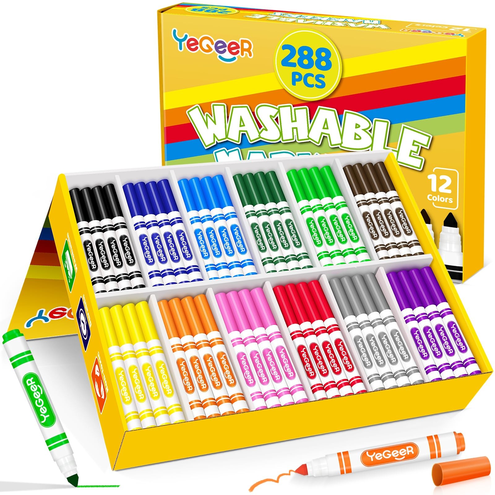 Bulk, 12 Assorted Colors, 288 Count Washable Markers For Kid
