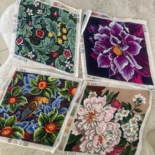 Lot of 4 Finished Needlepoint Flowers on Canvas Unframed