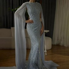 Blue Mermaid Cape Sleeve Luxury Beaded Evening Gown Formal Occasion Customize