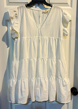Entro White Solid V-Neck Tiered Ruffle Flutter Sleeve Lined Dress Zip M