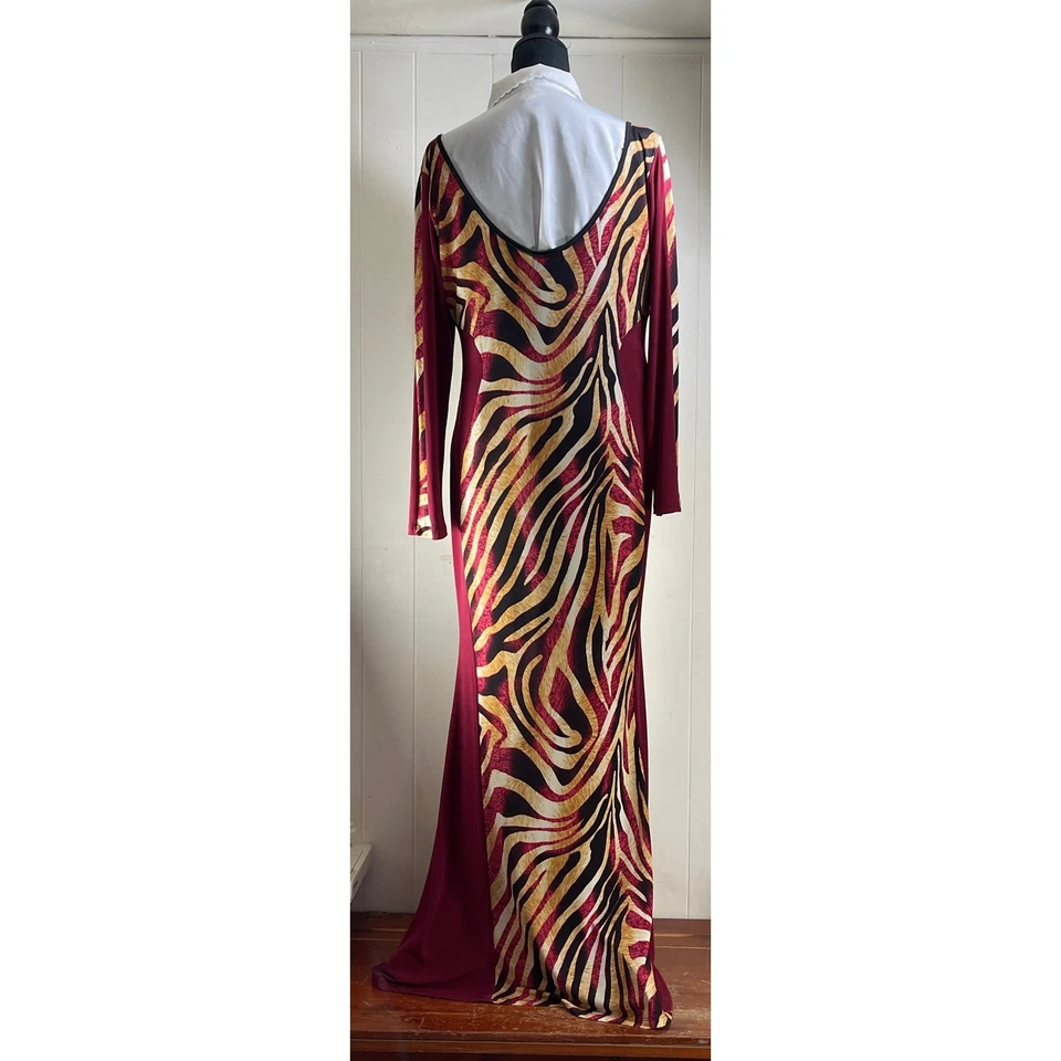 Sexy Maxi Vestido Diva Estampado Cebra Manga Larga Malla Cuello en V Borgoña 2X Foto 3 de 4