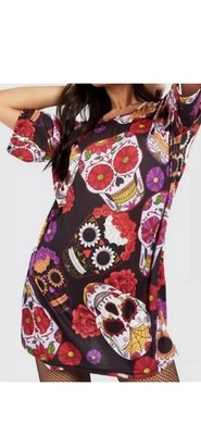  Street Style Sugar Skull T-Shirt  z Stretchy Dress Size 12 Boho Hippie Ghotic
