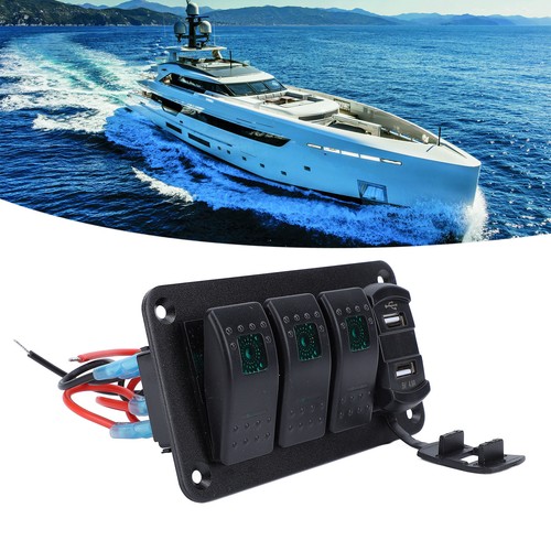 ˘12V 24V 3 Gang Rocker Switch Panel With Voltmeter Dual USB Fast Charging Green - Picture 3 of 12