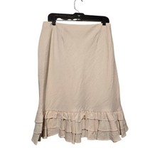 Vtg Ralph Lauren LRL Silk Linen Skirt Womens 14 Ivory Lined Ruffle Hem Luxury