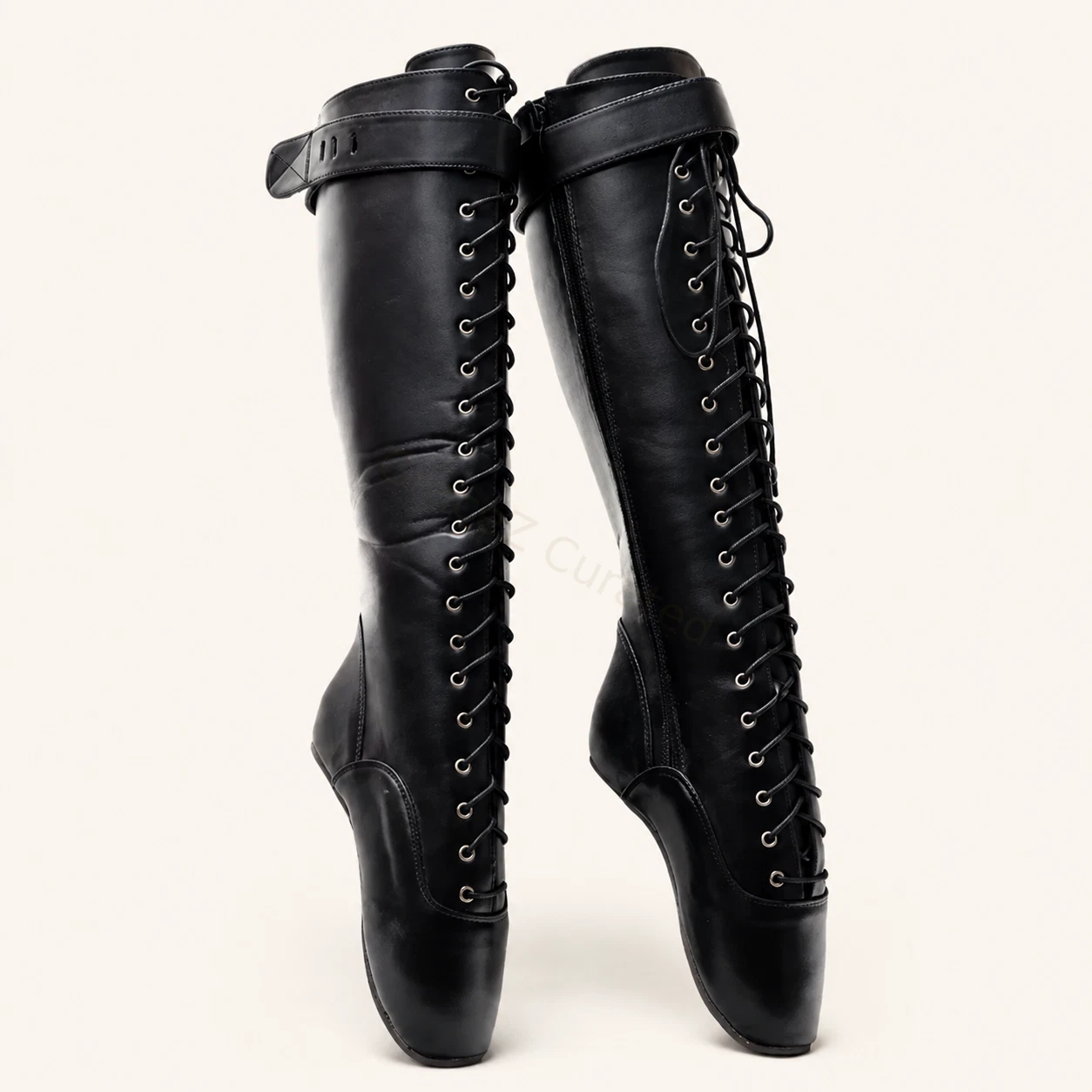 Ballet fetish stretch lace-up calf boots detail view