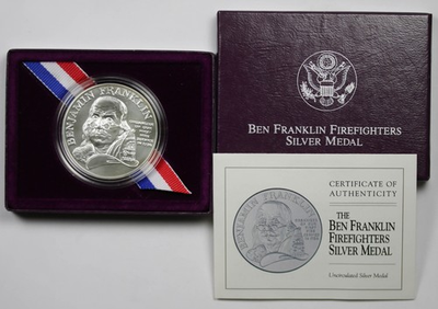 #ad 1992 Ben Franklin Firefighters Uncirculated Silver Medal 1 oz .999 Round OGP $115.00